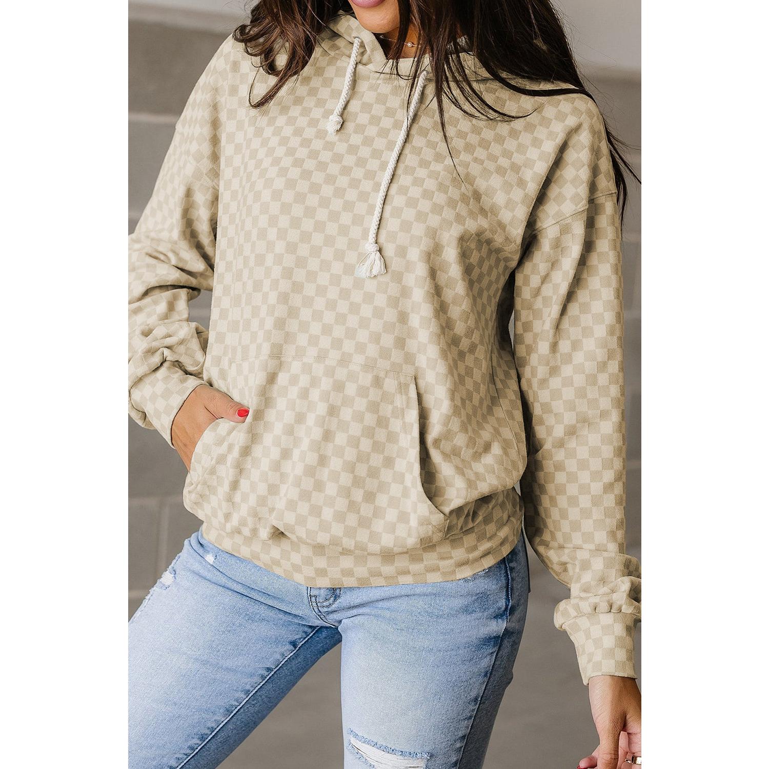 Khaki Checkered Kangaroo Pocket Drawstring Hoodie