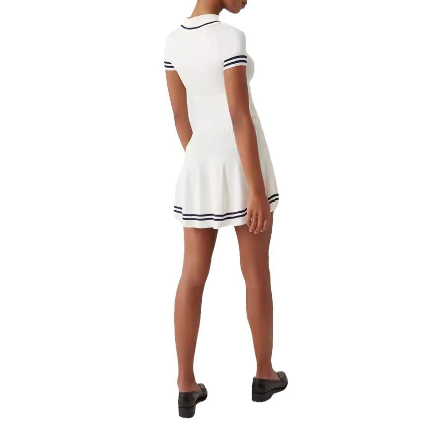 Short-Sleeve Striped Knit Mini Dress in White and Navy - Image 5