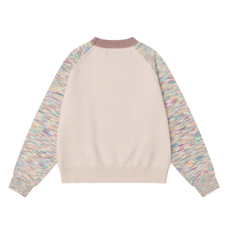 Women's Beige Multicolor Graphic Knit Round Neck Sweater