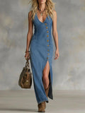 Sleeveless Button-Front Denim Maxi Dress in Vintage Blue - Image 6