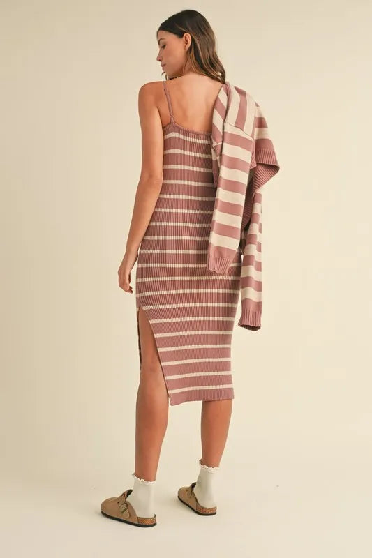 Stripe Knit Crop Cardigan and Bodycon Sweater Dress Set