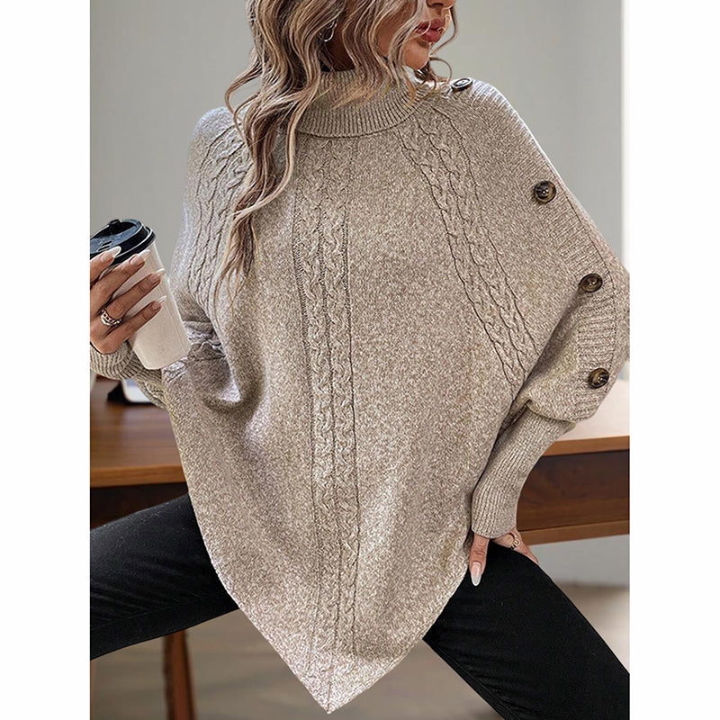 Women's Button Detail Turtleneck Sweater with Asymmetric Hem - Image 10