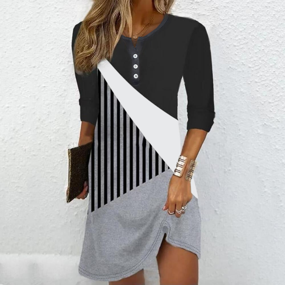 Casual V-neck long sleeve dress available in black, white, and grey