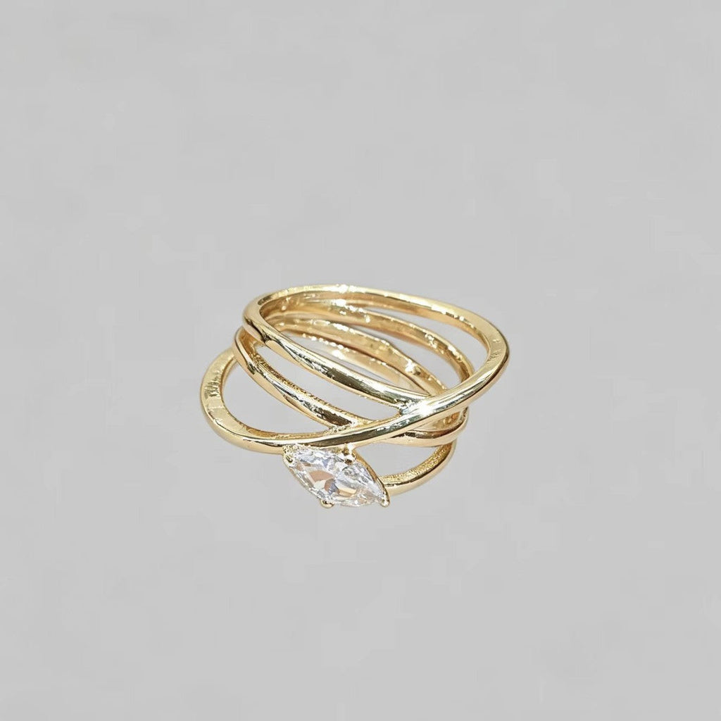 Gold Water-Drop Zircon Ring, Large Marquise Crystal Statement Band