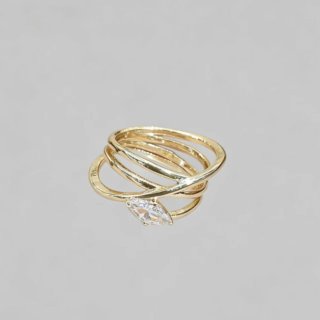 Gold Water-Drop Zircon Ring, Large Marquise Crystal Statement Band