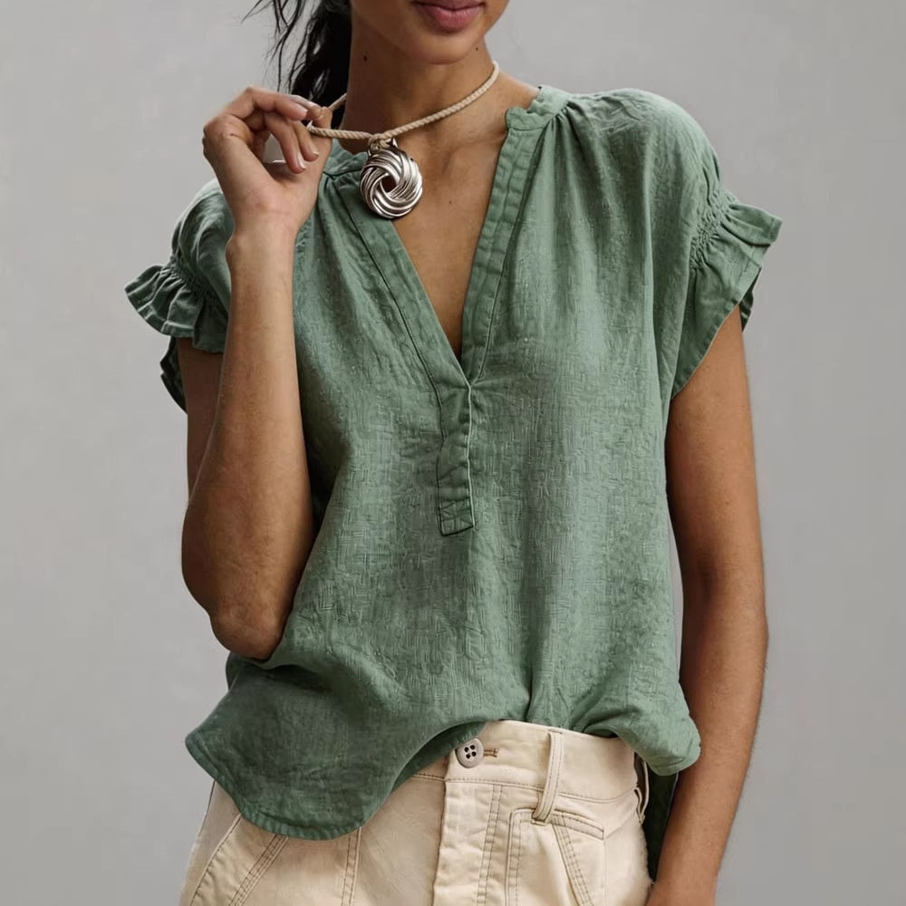 Cotton-Linen V-Neck Top with Petal Sleeves