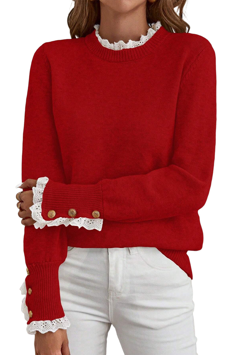 Racing Red Lace Trim Patchwork Buttoned Cuffs Loose Sweater