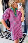 Pink mini tee dress featuring a striped collar and dramatic puff sleeves