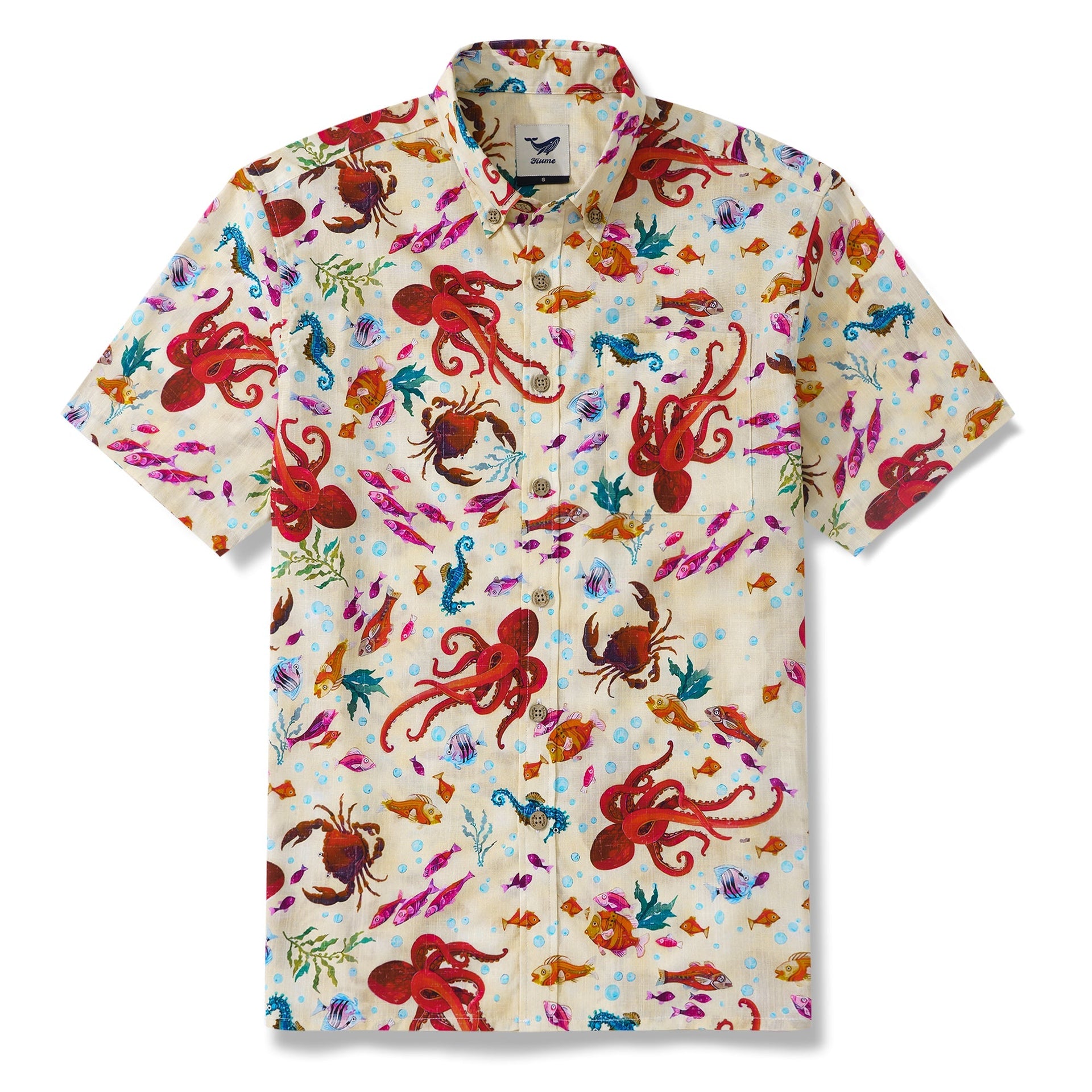 Close up of a men's short sleeve Hawaiian shirt featuring a colorful marine life and fish pattern.