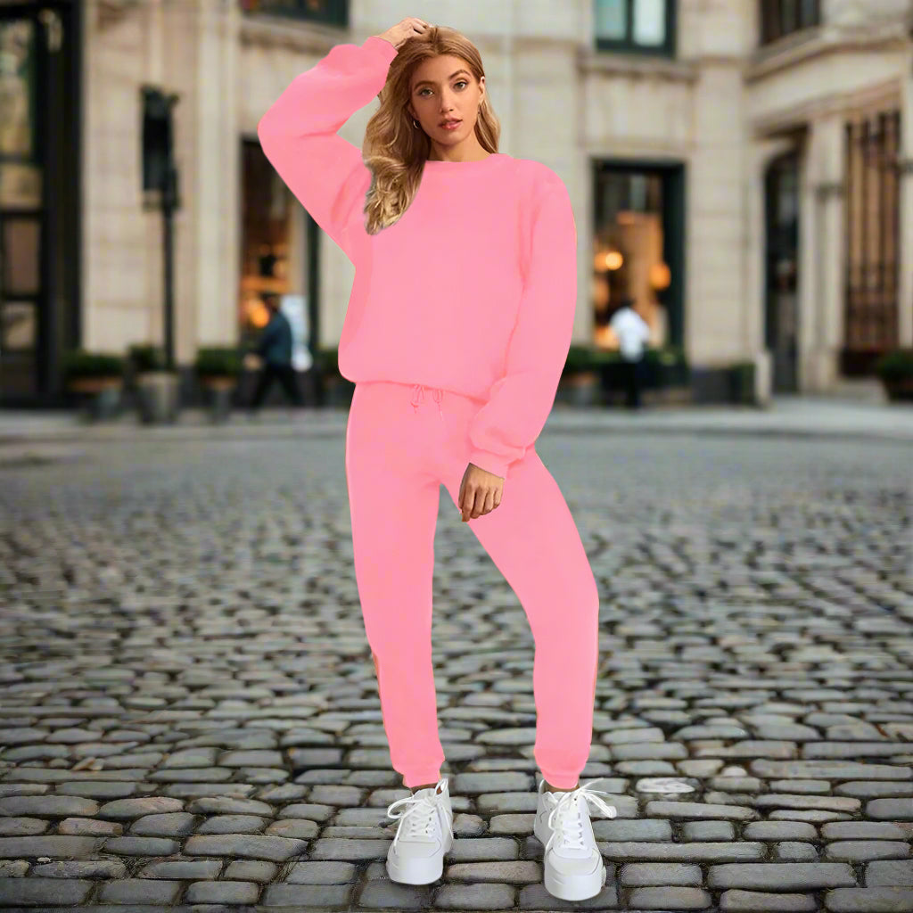 Women's Solid Color Round Neck Pullover Sweatshirt & Jogger Set - Image 11