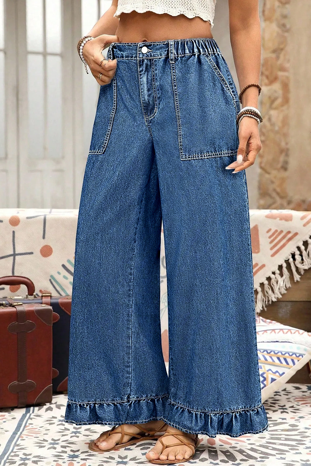 Black Elastic Waist Ruffled Wide Leg Denim Pants