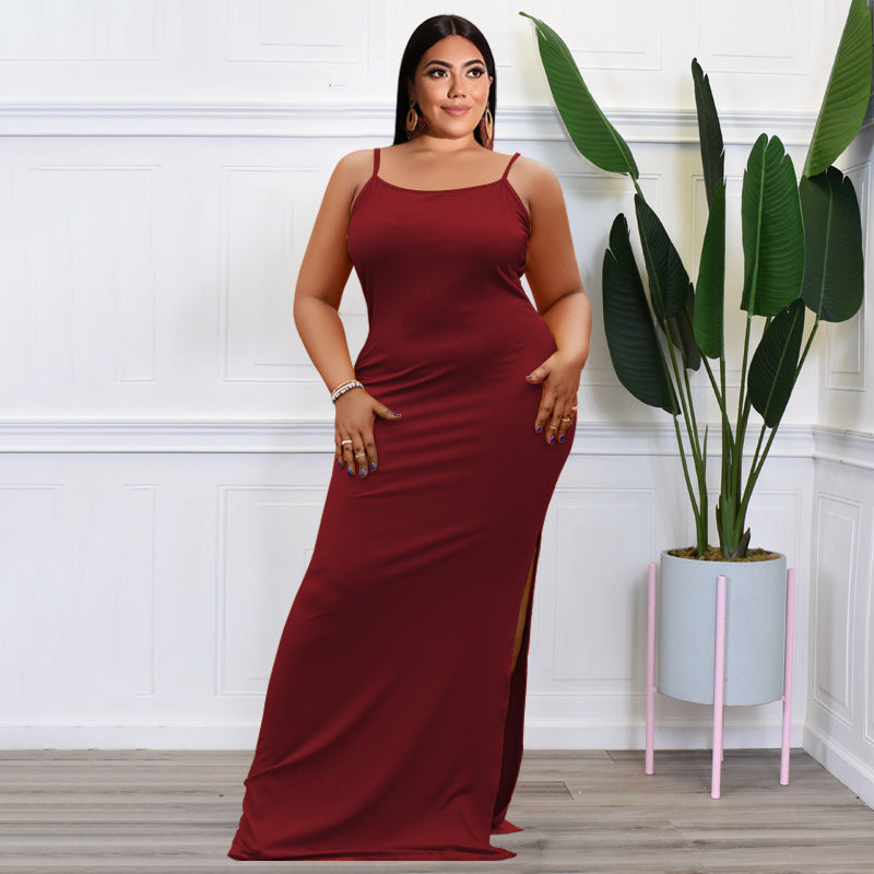 Plus Size Women Clothes Summer Sunken Stripe Sleeveless Split Sexy Tight Dress