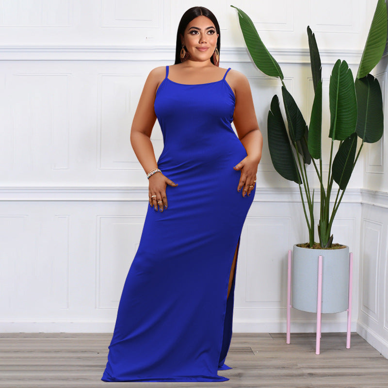 Plus Size Women Clothes Summer Sunken Stripe Sleeveless Split Sexy Tight Dress