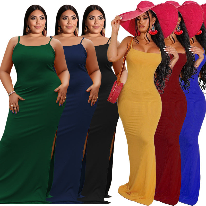 Plus Size Women Clothes Summer Sunken Stripe Sleeveless Split Sexy Tight Dress