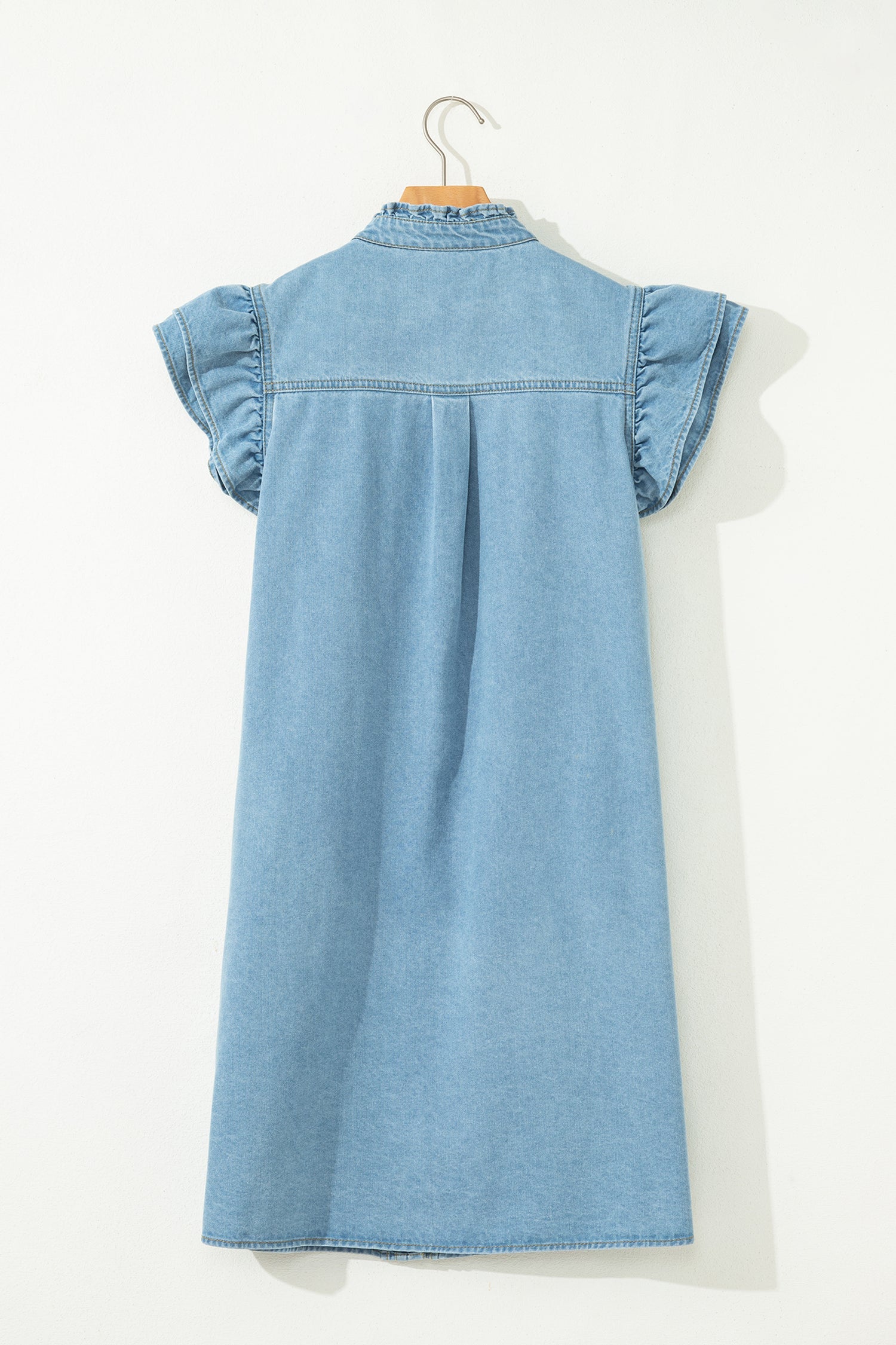 Myosotis Frilled Detail Button Down Ruffle Short Sleeve Denim Mini Dress