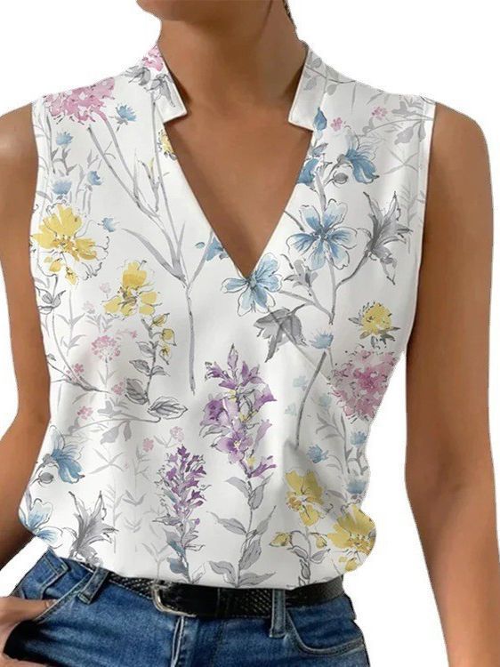 Women's Floral Digital Print Sleeveless V-Neck Summer Blouse - Image 6