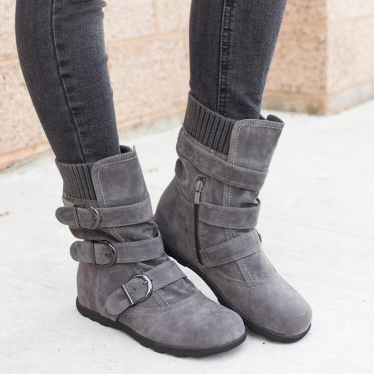 Women's Buckled Faux Suede Boots with Knit Cuff - Casual Mid-Calf - Image 3