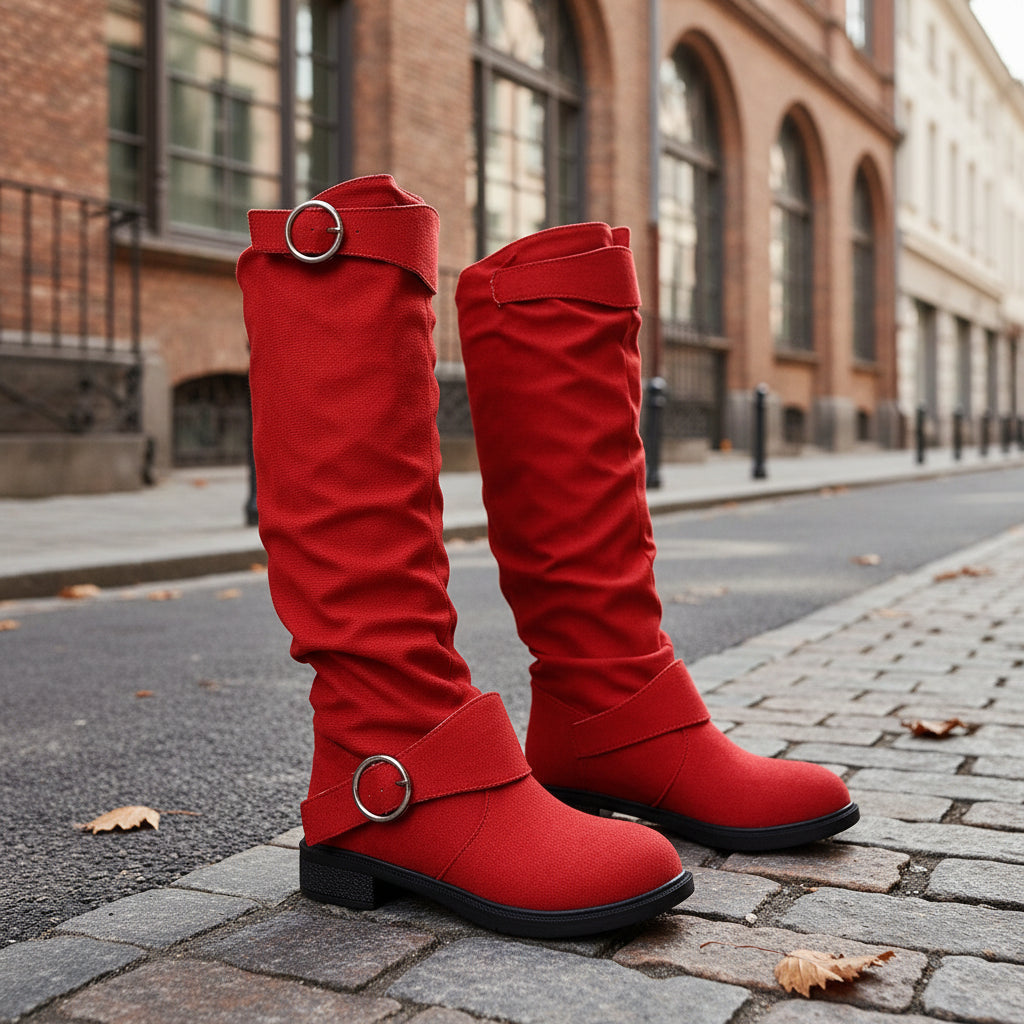 Pleated Flat-Bottom Western Cowboy Boots with Belt Buckle