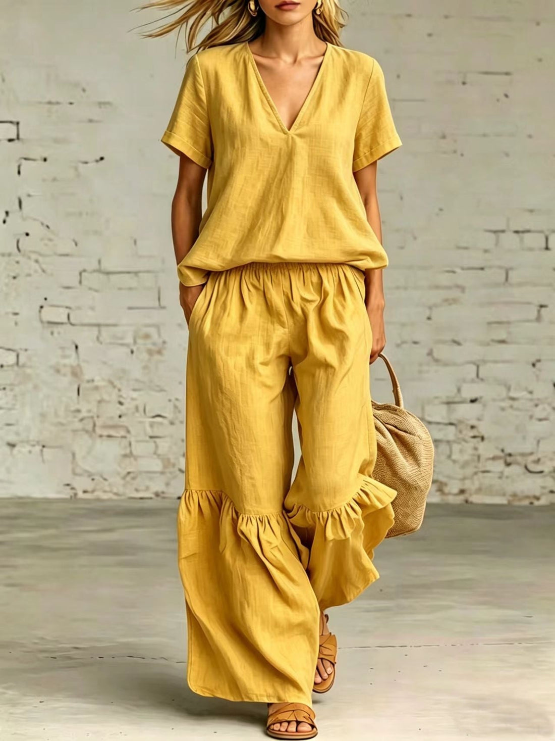 V-Neck Short Sleeve Top and Ruffled Hem Pants Set - Image 12