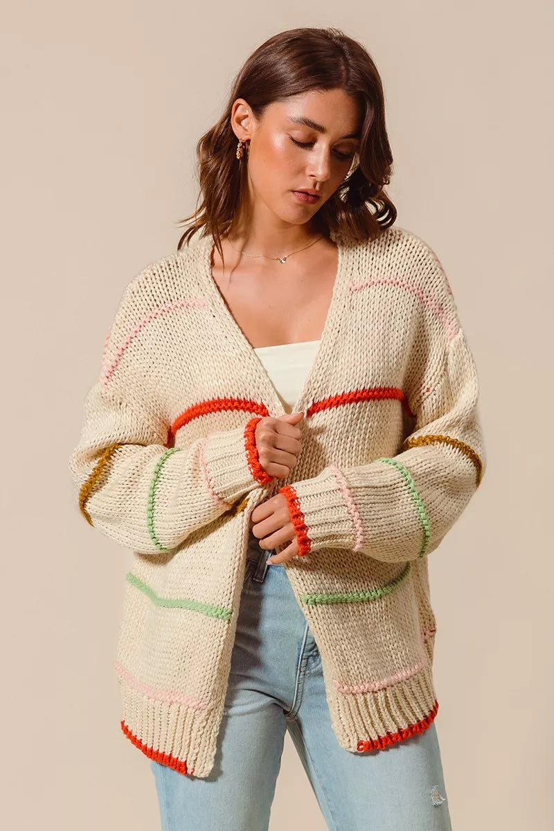 Loose Fit Multi Stripe Open Front Cardigan in Oatmeal