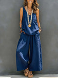 Women's Cotton Linen Sleeveless Tank Top and Wide-Leg Pants Set - Image 6