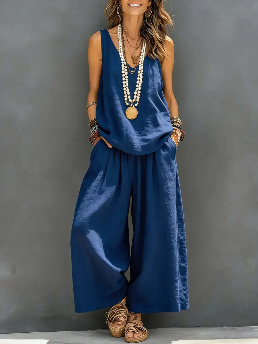 Women's Cotton Linen Sleeveless Tank Top and Wide-Leg Pants Set - Image 6