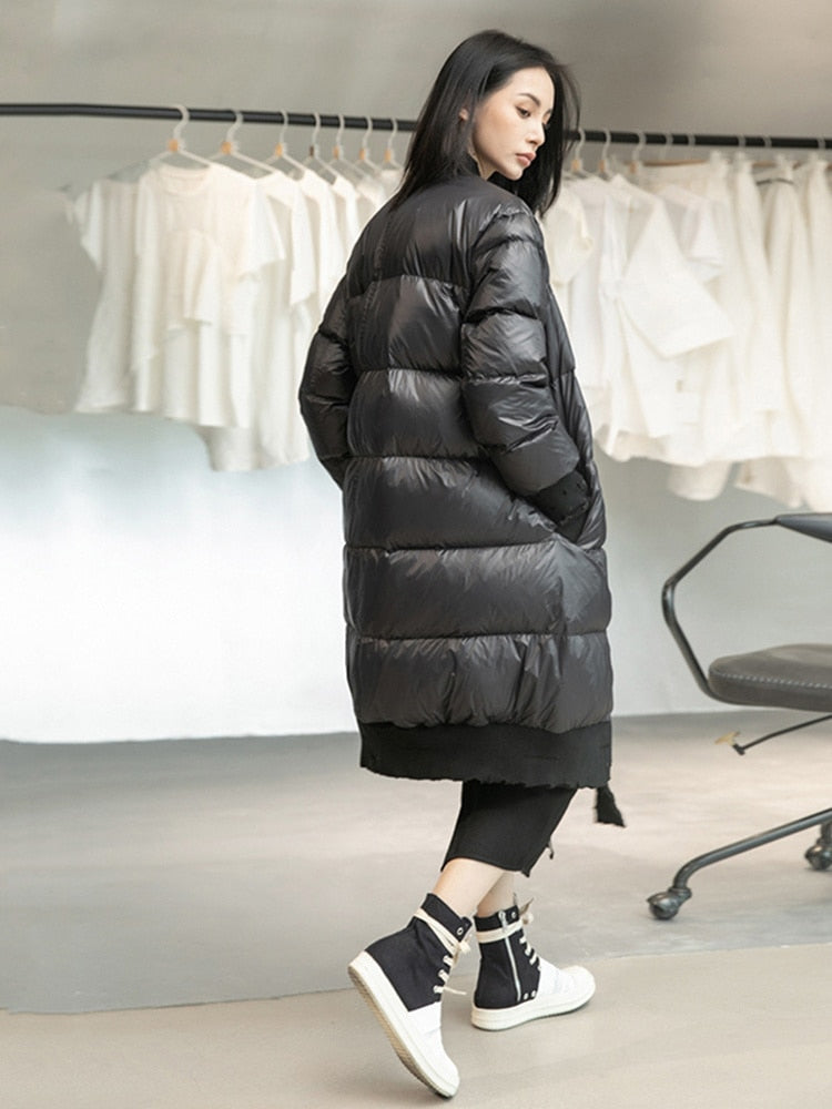 Women's Harajuku Loose Fit Black Spliced Puffer Parka Jacket - Image 3
