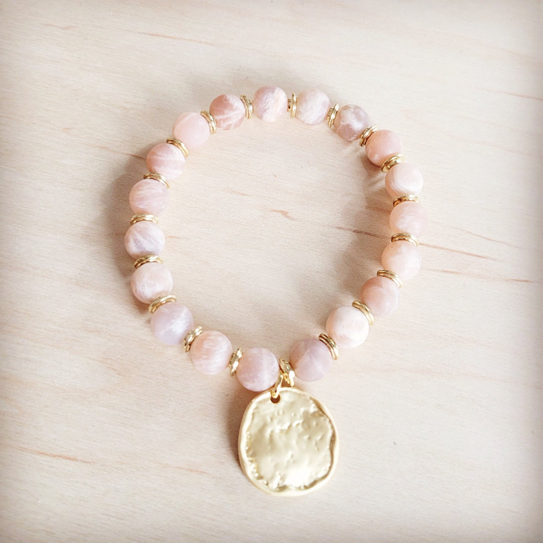 Frosted Sunstone Stretch Bracelet with Matte Gold Charm - Image 3