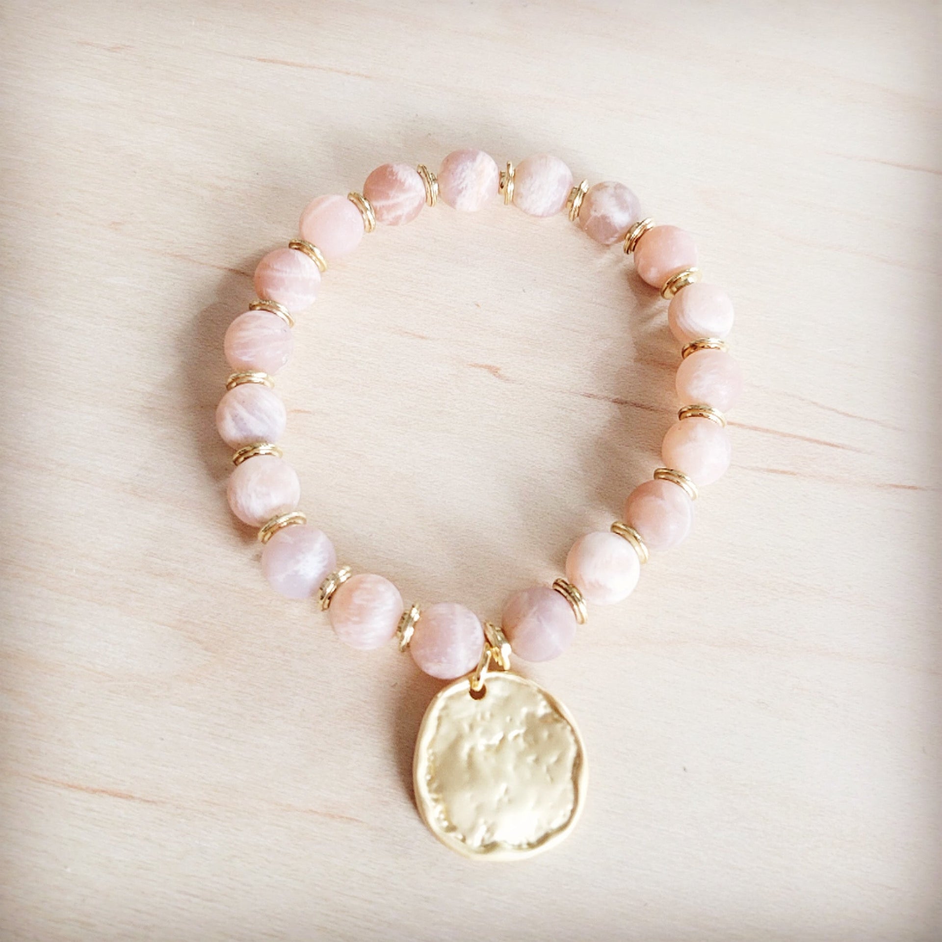 Frosted Sunstone Stretch Bracelet with Matte Gold Charm - Image 3
