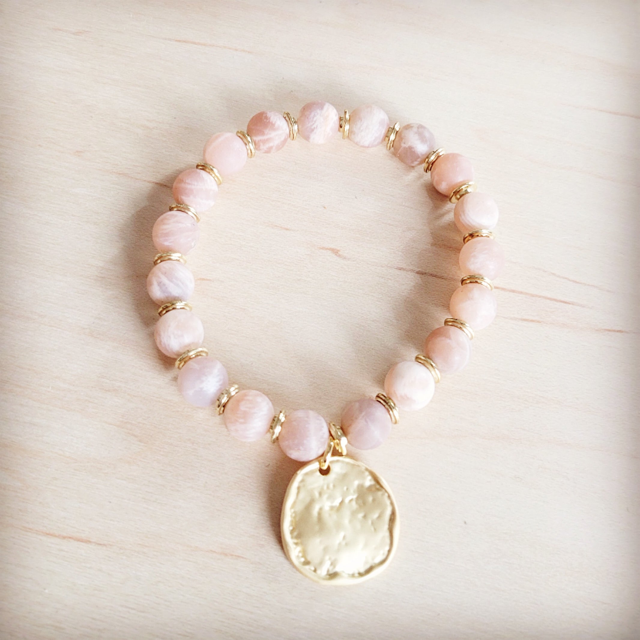Frosted Sunstone Stretch Bracelet with Matte Gold Charm - Image 3