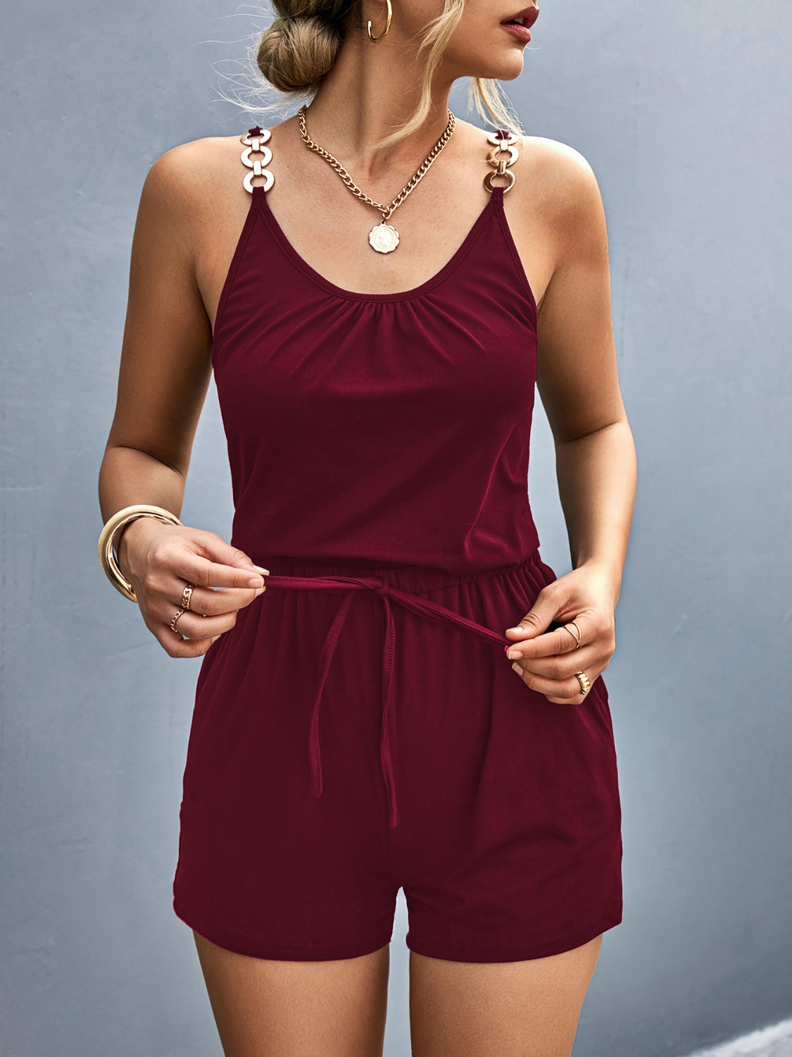 Scoop Neck Romper with Pockets - Comfortable Stretch