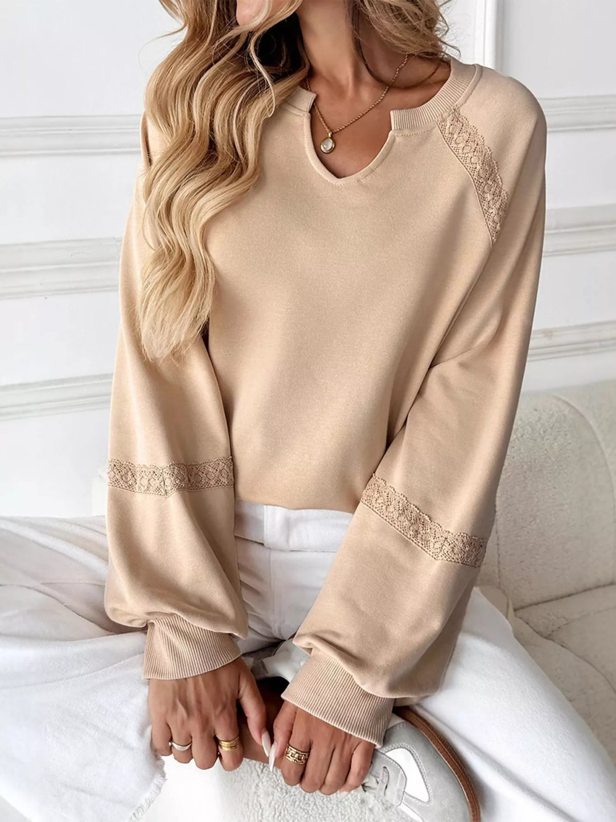 Lace Detail Notched Long Sleeve Sweatshirt