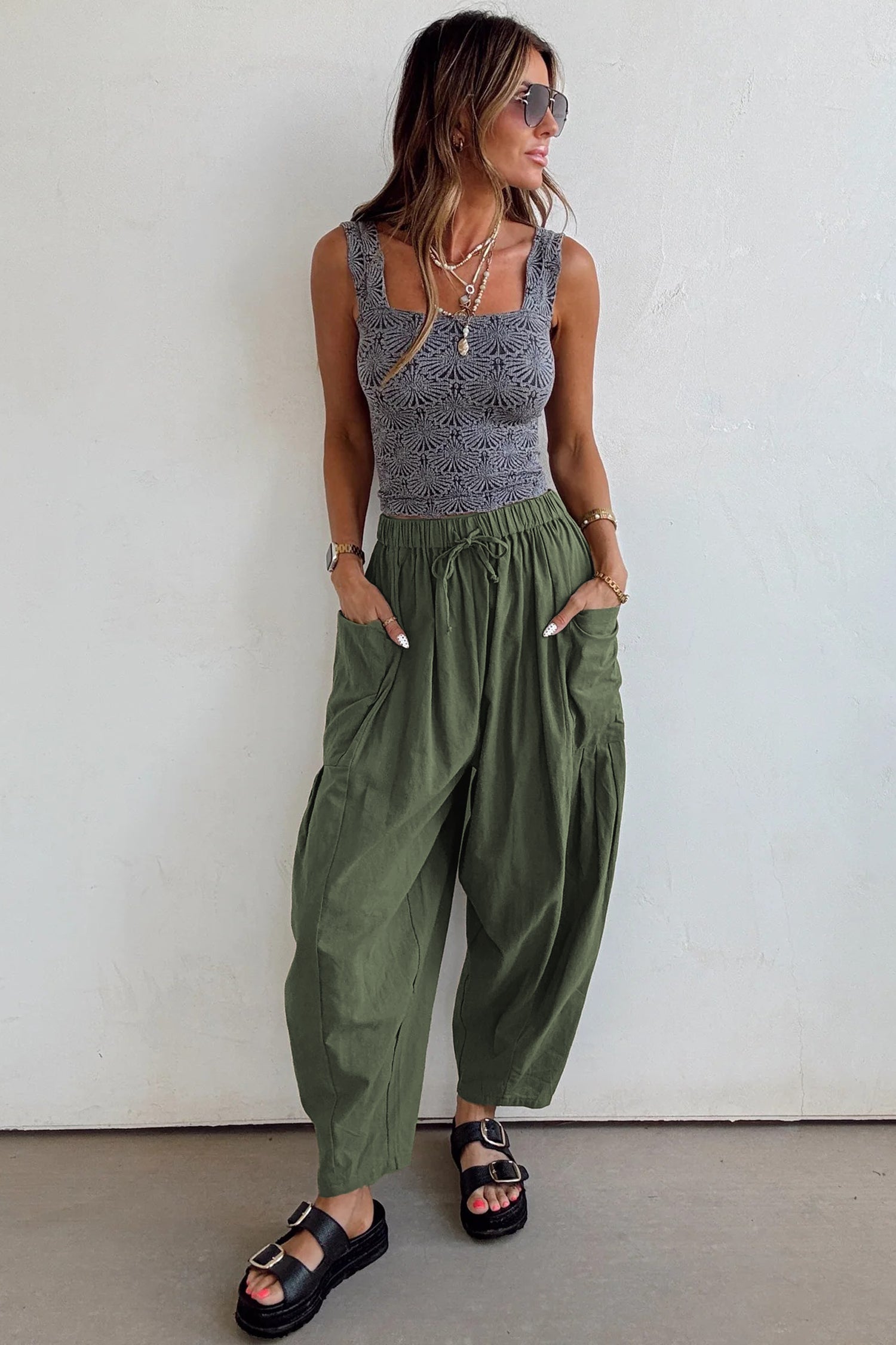 Jungle Green Drawstring Barrel Leg Casual Pants