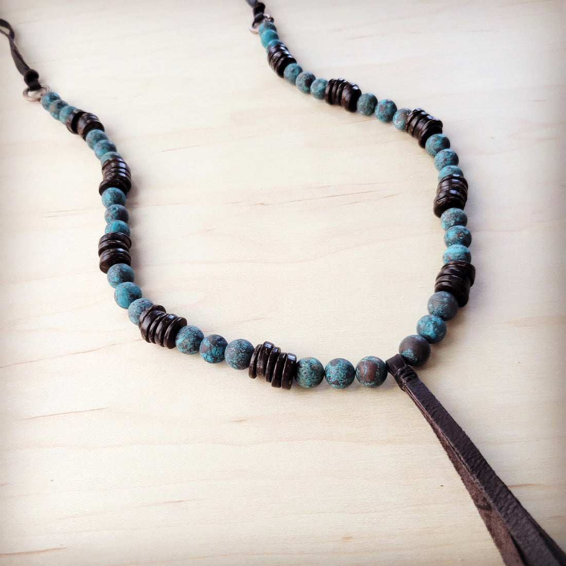 Natural American Turquoise and Wood Bead Tassel Necklace - Image 3