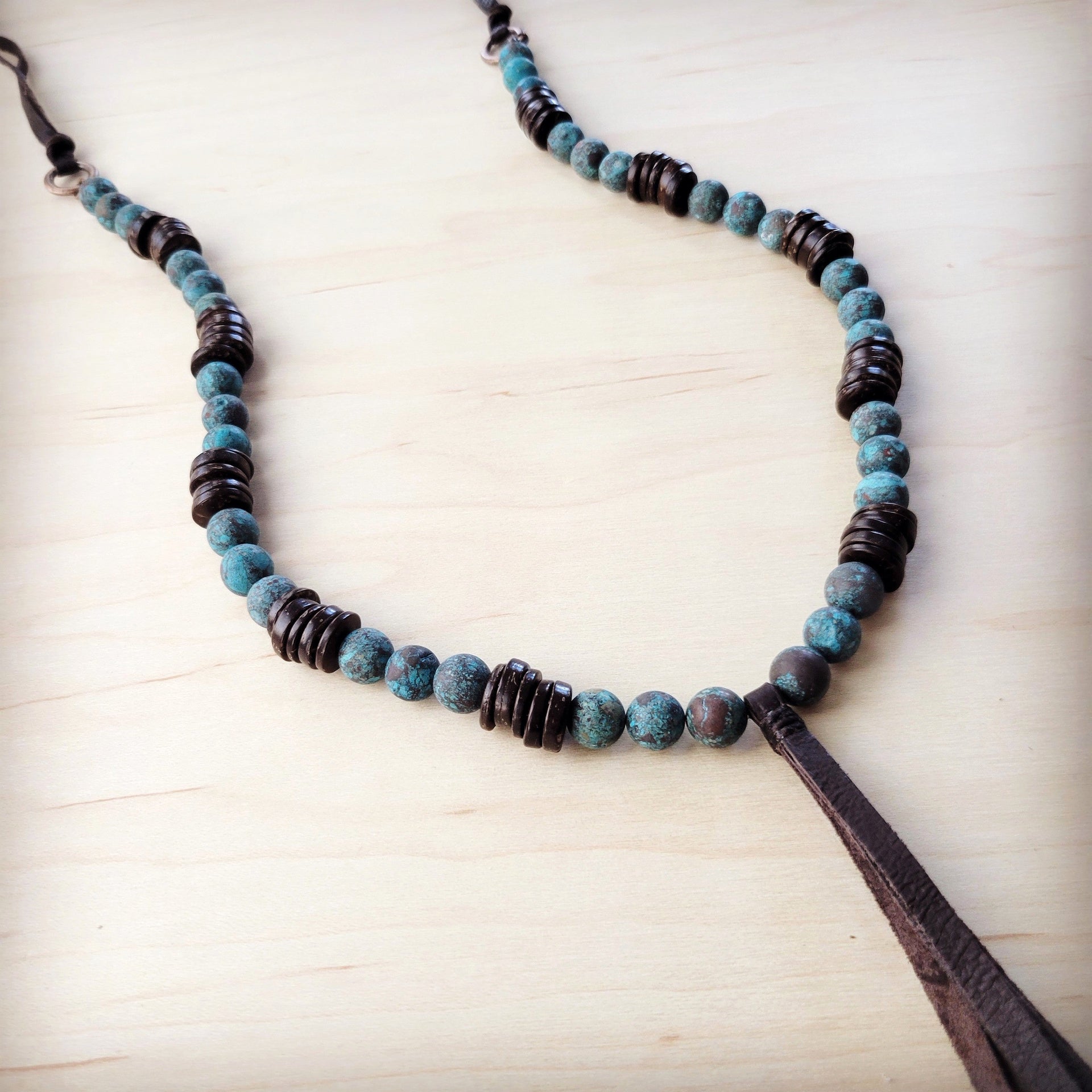 Natural American Turquoise and Wood Bead Tassel Necklace - Image 3