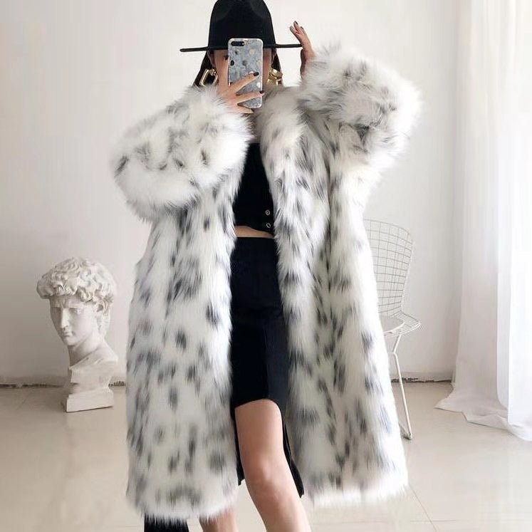 Women White Leopard Faux Fur Long Jacket Harajuku Style Coat - Image 2