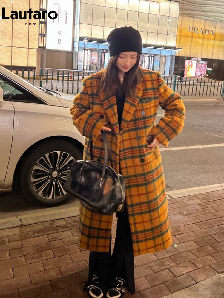 Women Retro Colorful Plaid Woolen Trench Coat Harajuku Style - Image 3