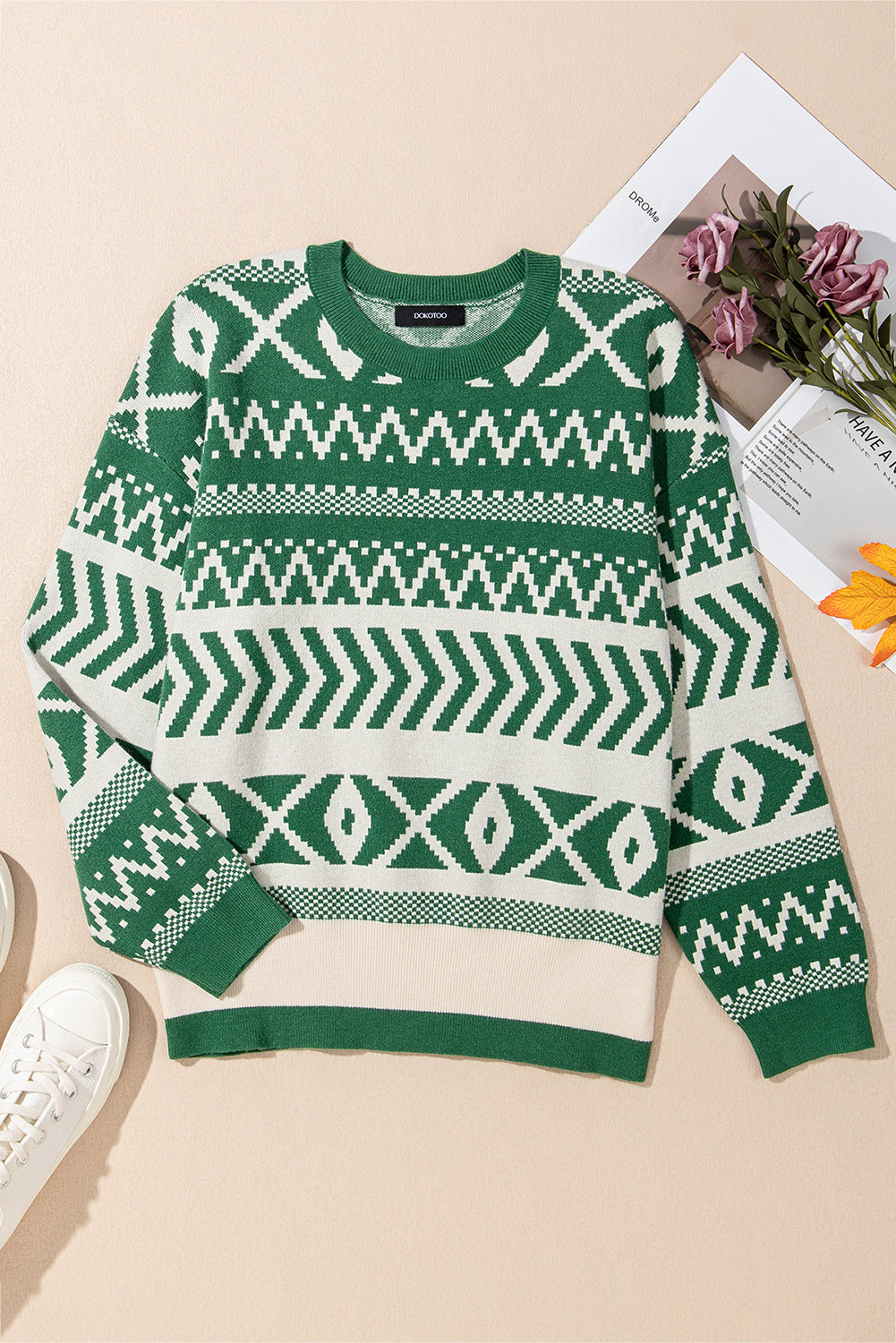 Dark Green Abstract Print Pullover Sweater | Crew Neck
