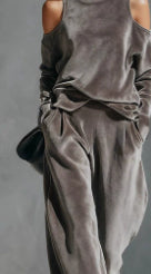 Women's Grey Velvet Cold-Shoulder Turtleneck Pants Set