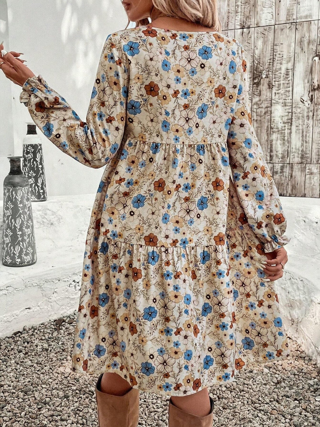Tiered Floral Long Sleeve Dress - Boho Cottagecore Summer Midi