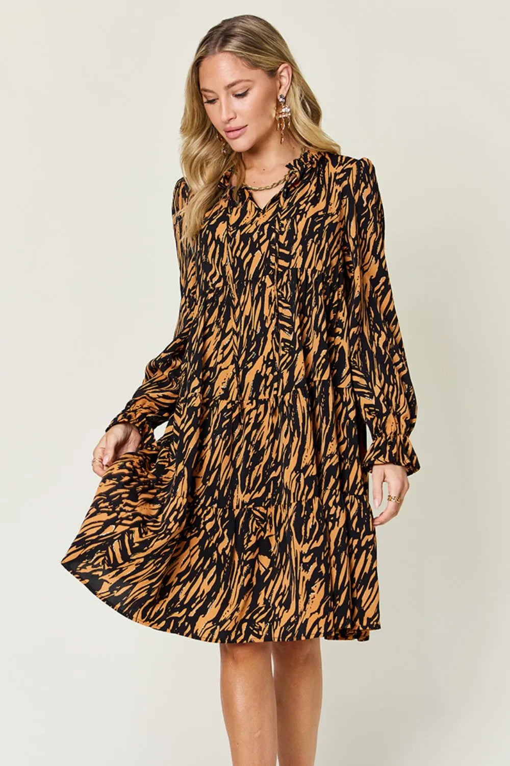 Printed Ruffle Hem Long Sleeve Mini Dress | V-Neck A-Line