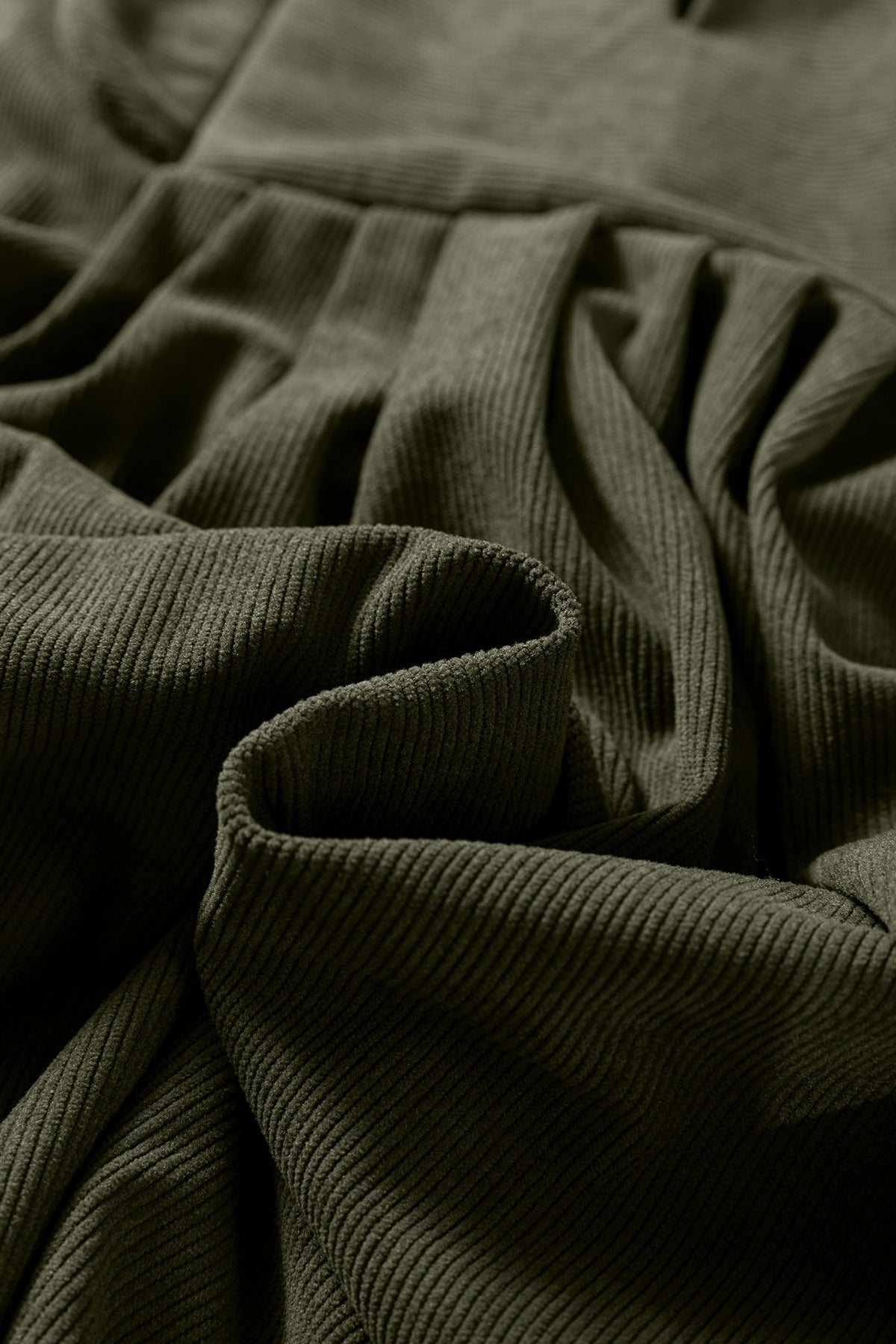 Moss Green Bracelet Sleeve Split Neck Scallop Detail Pleated Corduroy Mini Dress