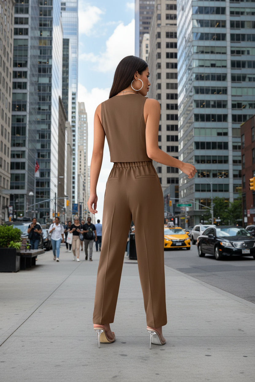 Women’s Coffee Sleeveless Vest and Trouser Jumpsuit Set - Image 2