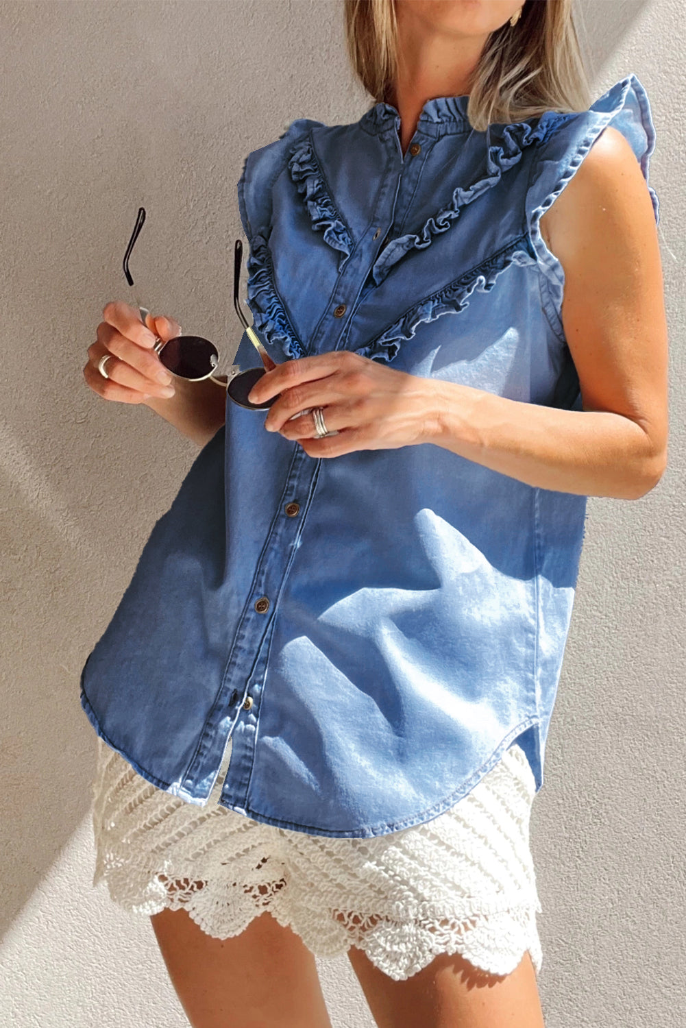 Sky Blue Mineral Wash Sleeveless Denim Shirt with Frill Details