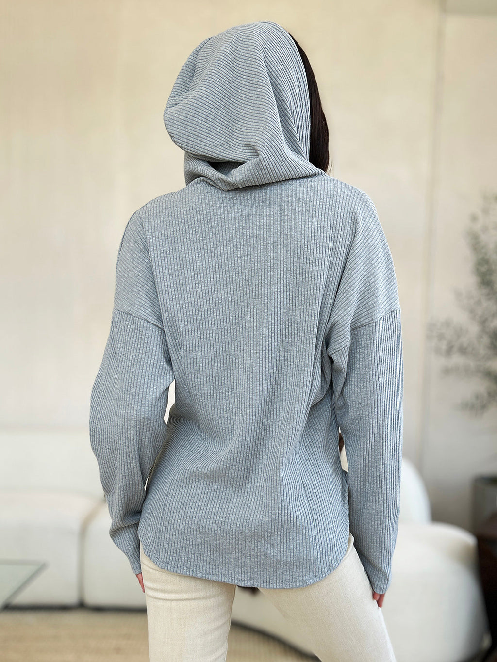 Women's Ribbed Zip Up Hooded Jacket in Light Heather Grey