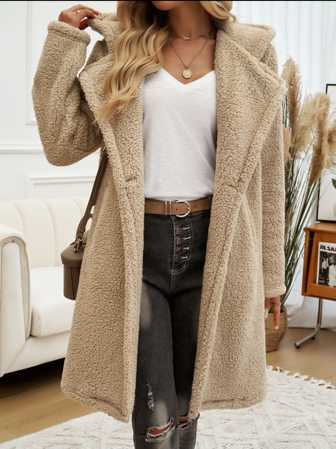 Women's Long Sleeve Hooded Teddy Coat with Button Closure - Image 4