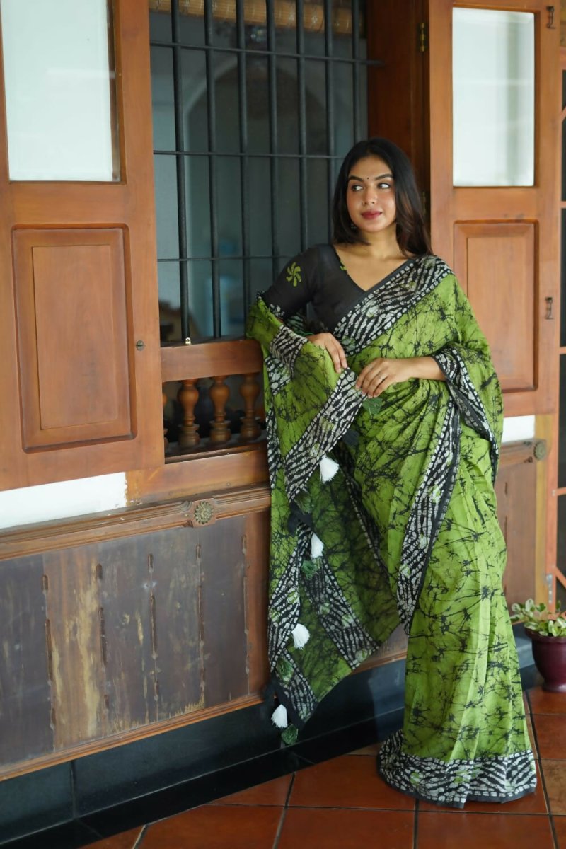 Green Chanderi Cotton Batik Printed Saree with Blouse Piece