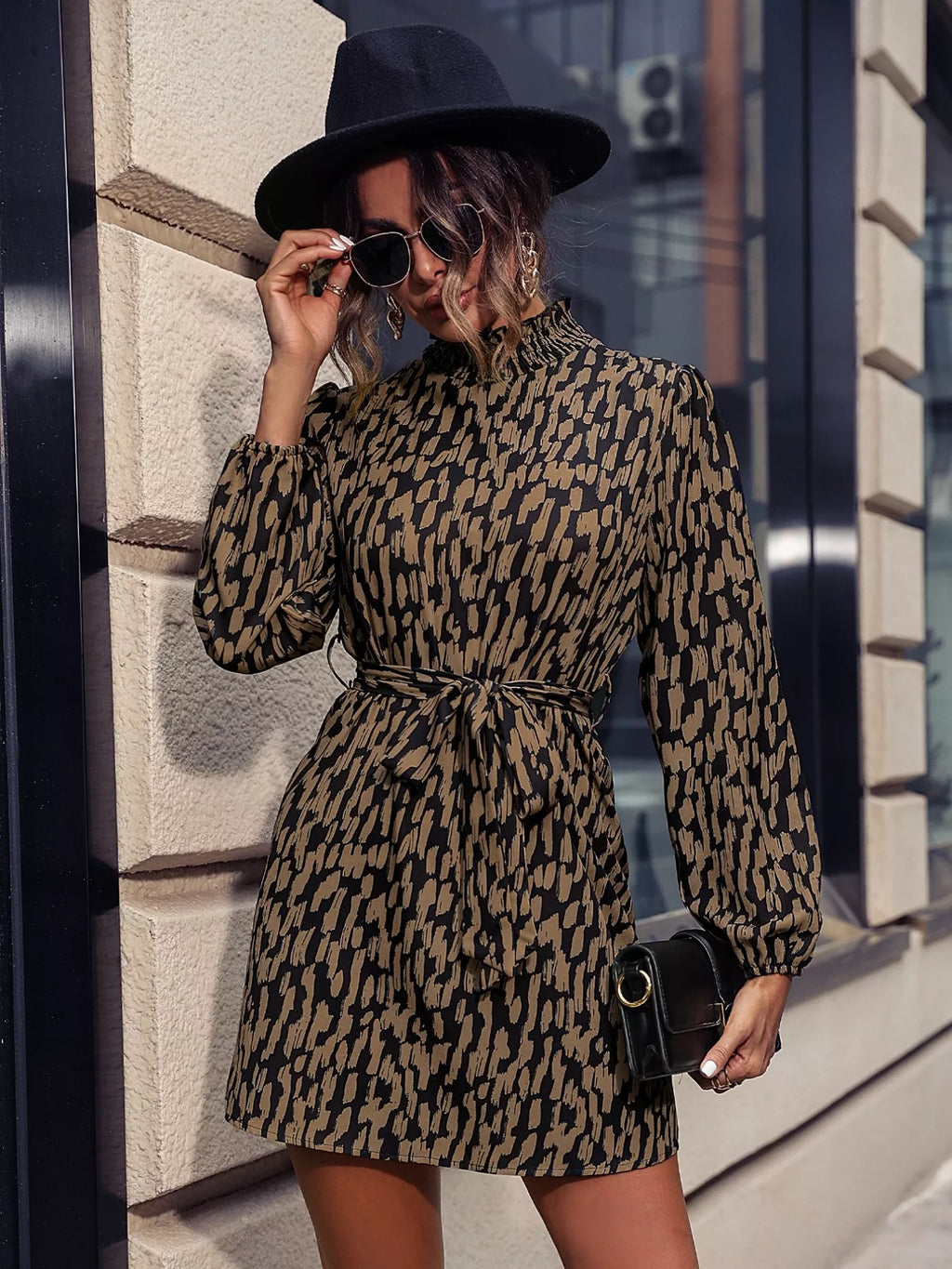 Printed Tie Waist Long Sleeve Dress