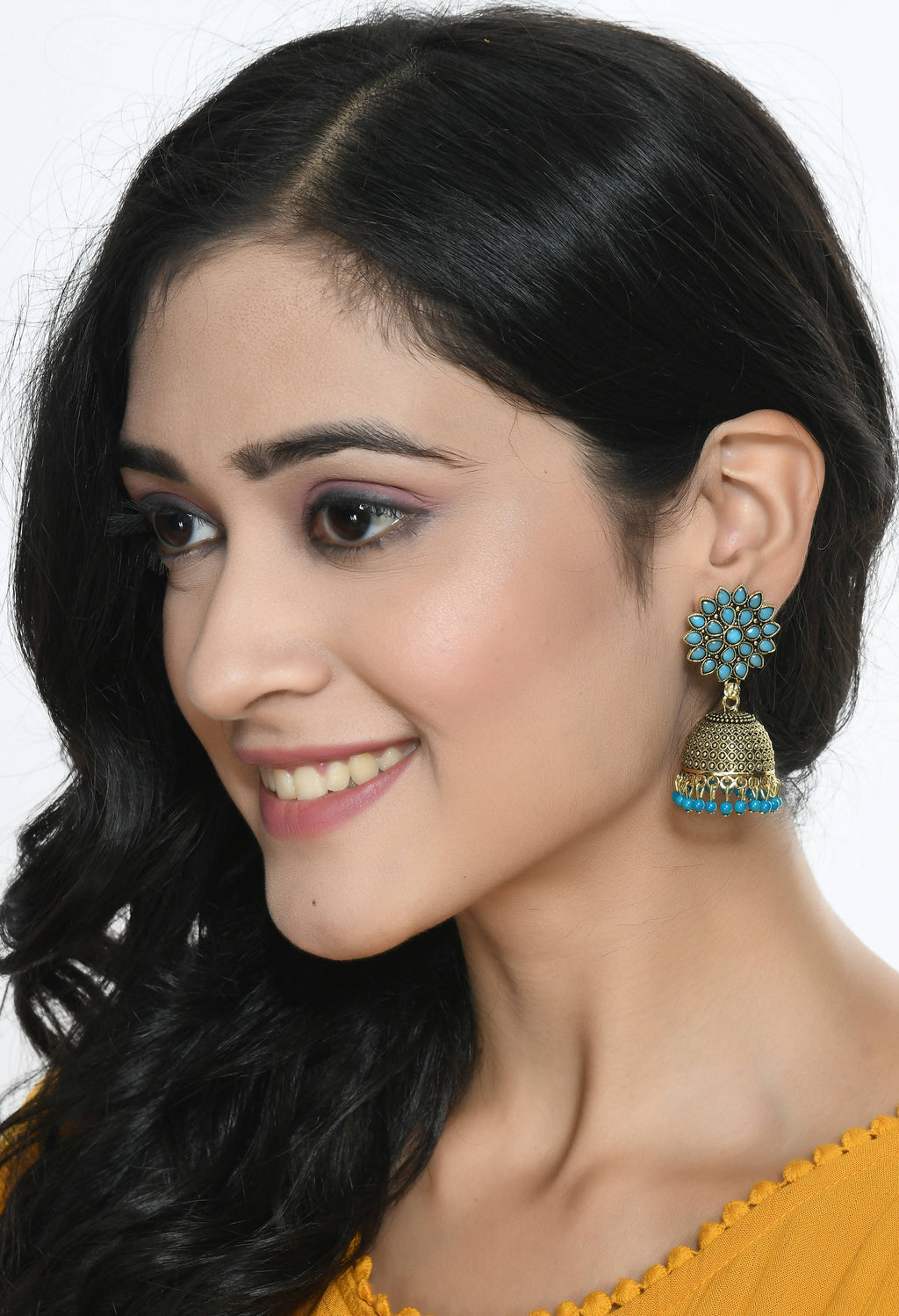 Johar Kamal Kundan Jhumka Earrings with Sky Blue Beads