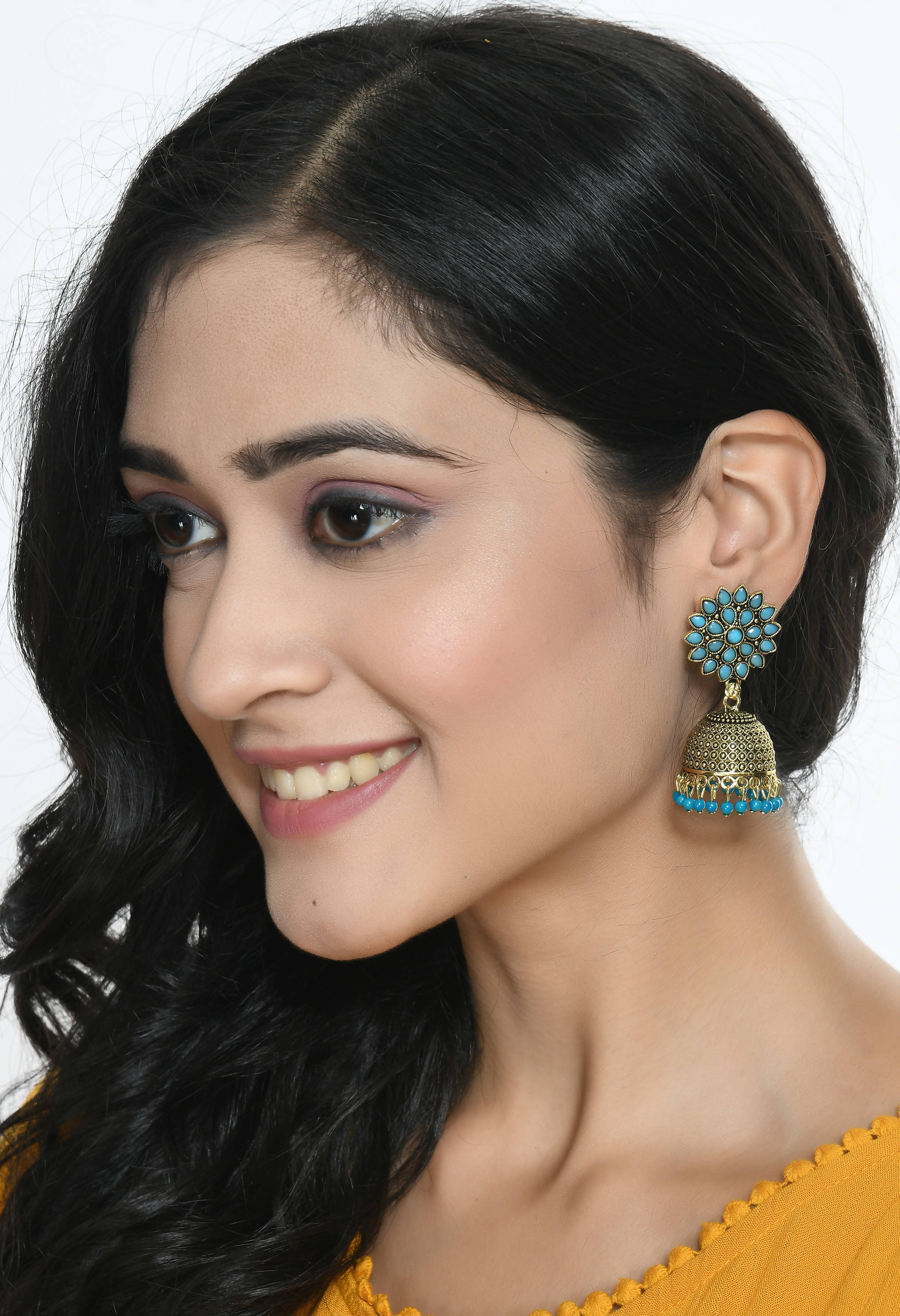Johar Kamal Kundan Jhumka Earrings with Sky Blue Beads
